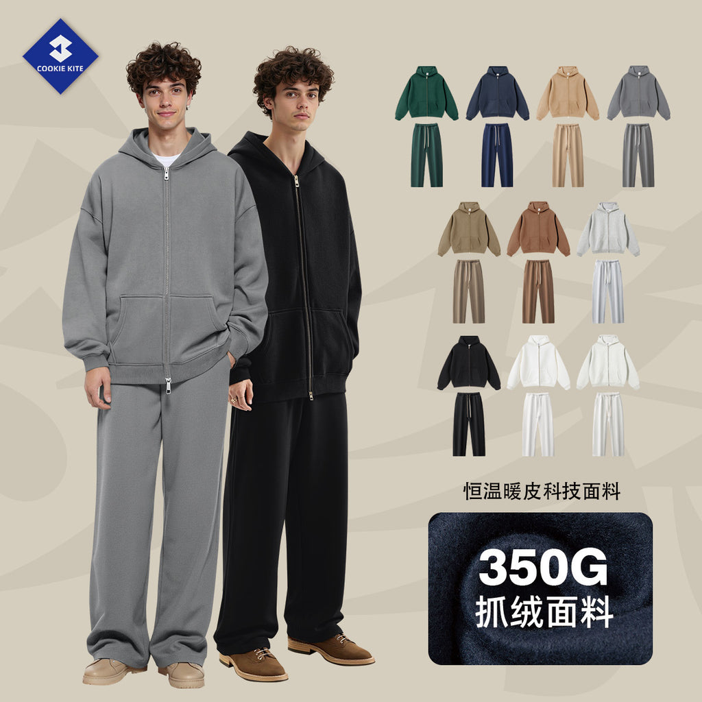 Kite Men's Clothing | Cross-Border European and American Loose Zipper Shirt Two-Piece Set for Men and Women 350g Fleece Hooded Sweatshirt and Pants Set