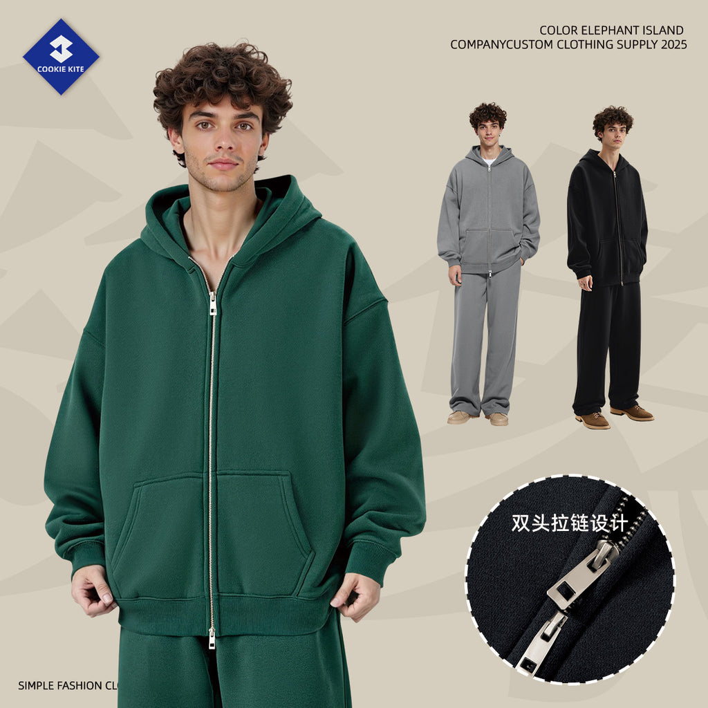 Kite Men's Clothing | Cross-Border European and American Loose Zipper Shirt Two-Piece Set for Men and Women 350g Fleece Hooded Sweatshirt and Pants Set